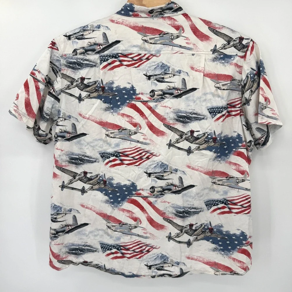 American Legacy Shirt Mens 3XL White Fighter Plane Flag Button Down Short Sleeve
